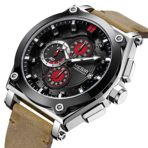 MEGIR Luxury Quartz Men Watch Multifunction Leather Strap Sport Chronograph Waterproof Man Wristwatch Clock Montre Homme 2098